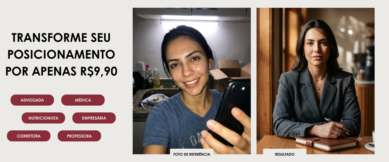 De uma selfie casual ao ar livre para duas fotos profissionais geradas por IA: a mesma mulher em um escritório elegante, vestindo blazer e calça clara, com iluminação natural e fundo sofisticado